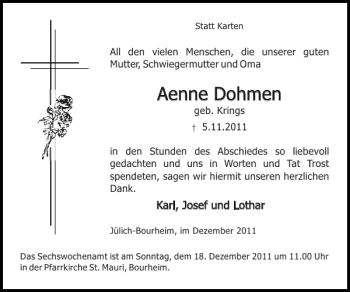 Traueranzeige von Aenne Dohmen von Super Sonntag / Super Mittwoch