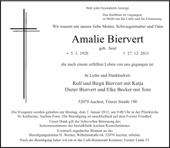 Traueranzeige von Amalie Biervert von Aachener Zeitung / Aachener Nachrichten