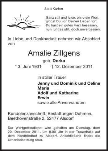 Traueranzeige von Amalie Zillgens von Super Sonntag / Super Mittwoch