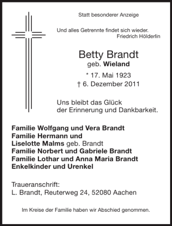 Traueranzeige von Betty Brandt von Aachener Zeitung / Aachener Nachrichten