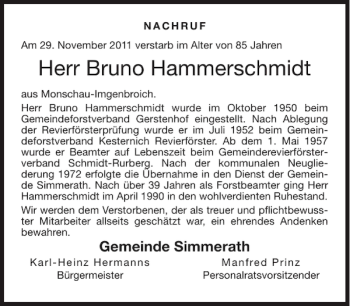Traueranzeige von Bruno Hammerschmidt von Aachener Zeitung / Aachener Nachrichten