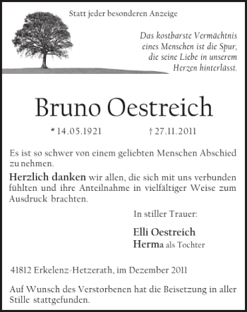 Traueranzeige von Bruno Oestreich von Super Sonntag / Super Mittwoch