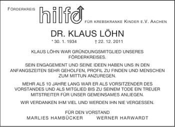Traueranzeige von DR. KLAUS LÖHN von Aachener Zeitung / Aachener Nachrichten