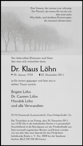 Traueranzeige von Dr. Klaus Löhn von Aachener Zeitung / Aachener Nachrichten