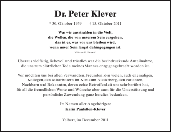 Traueranzeige von Dr. Peter Klever von Aachener Zeitung / Aachener Nachrichten