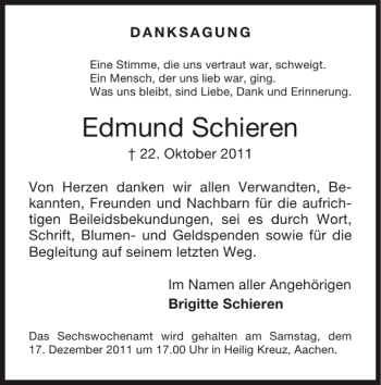 Traueranzeige von Edmund Schieren von Super Sonntag / Super Mittwoch
