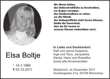 Traueranzeige von Elsa Boltje von Aachener Zeitung / Aachener Nachrichten