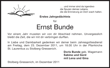 Traueranzeige von Ernst Bunde von Super Sonntag / Super Mittwoch