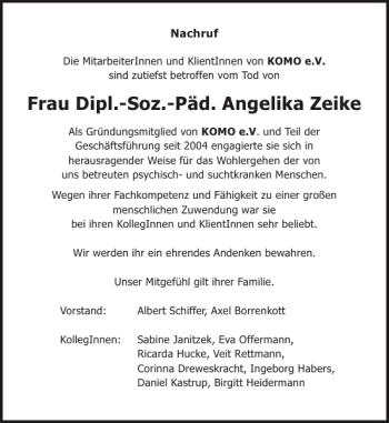 Traueranzeige von Frau Dipl.-Soz.-Päd. Angelika Zeike von Aachener Zeitung / Aachener Nachrichten