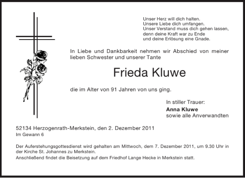  Traueranzeige für Frieda Kluwe vom 06.12.2011 aus Aachener Zeitung / Aachener Nachrichten