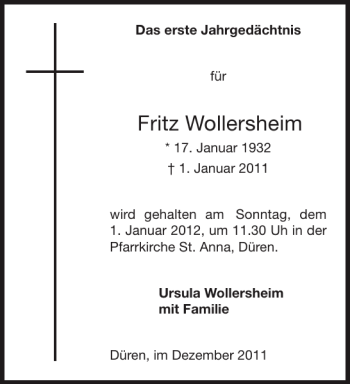 Traueranzeige von Fritz Wollersheim von Aachener Zeitung / Aachener Nachrichten
