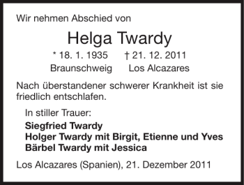 Traueranzeige von Helga Twardy von Super Sonntag / Super Mittwoch