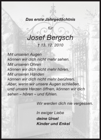 Traueranzeige von Josef Bergsch von Super Sonntag / Super Mittwoch