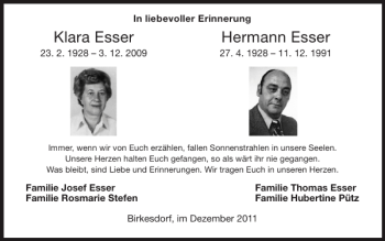 Traueranzeige von Klara Esser Hermann Esser von Super Sonntag / Super Mittwoch