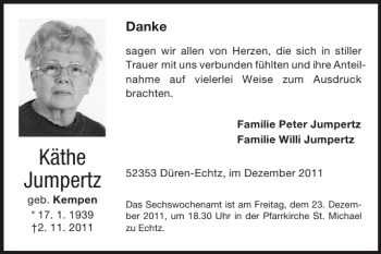 Traueranzeige von Käthe Jumpertz von Super Sonntag / Super Mittwoch