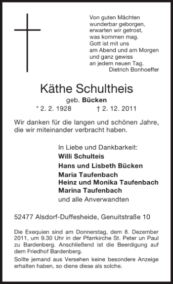 Traueranzeige von Käthe Schultheis von Super Sonntag / Super Mittwoch