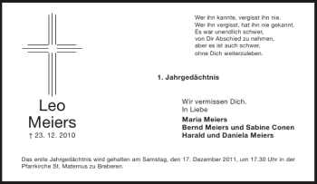 Traueranzeige von Leo Meiers von Aachener Zeitung / Aachener Nachrichten