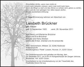 Traueranzeige von Liesbeth Brückner von Aachener Zeitung / Aachener Nachrichten