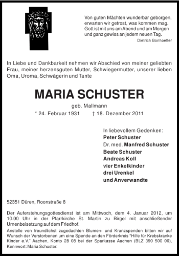 Traueranzeige von MARIA SCHUSTER von Aachener Zeitung / Aachener Nachrichten