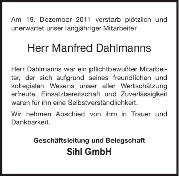 Traueranzeige von Manfred Dahlmanns von Aachener Zeitung / Aachener Nachrichten