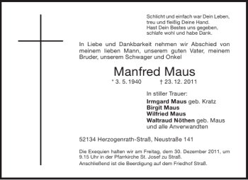 Traueranzeige von Manfred Maus von Aachener Zeitung / Aachener Nachrichten