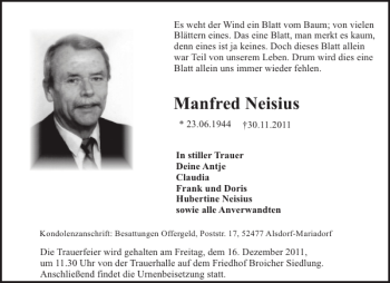 Traueranzeige von Manfred Neisius von Aachener Zeitung / Aachener Nachrichten