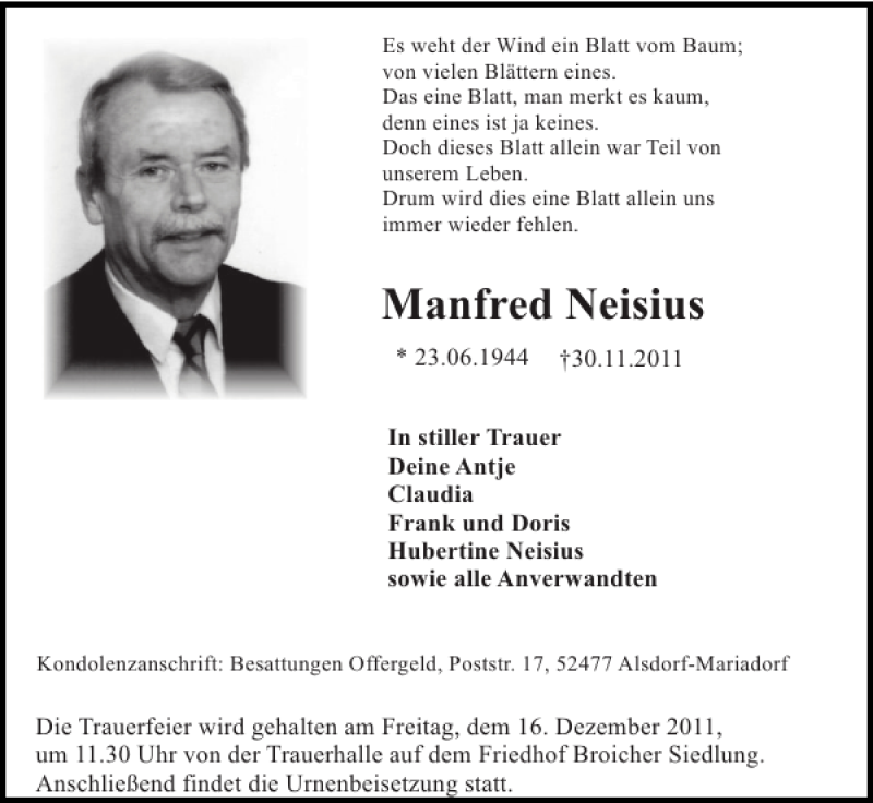  Traueranzeige für Manfred Neisius vom 11.12.2011 aus Super Sonntag / Super Mittwoch