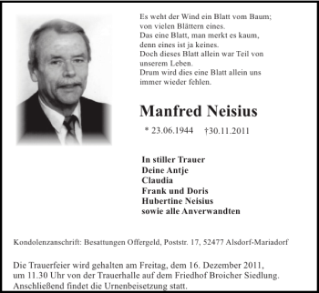 Traueranzeige von Manfred Neisius von Super Sonntag / Super Mittwoch