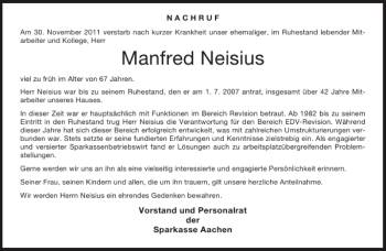 Traueranzeige von Manfred Neisius von Aachener Zeitung / Aachener Nachrichten
