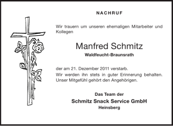 Traueranzeige von Manfred Schmitz von Aachener Zeitung / Aachener Nachrichten