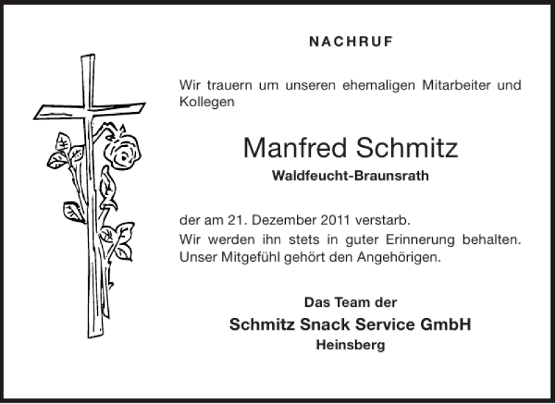  Traueranzeige für Manfred Schmitz vom 29.12.2011 aus Aachener Zeitung / Aachener Nachrichten