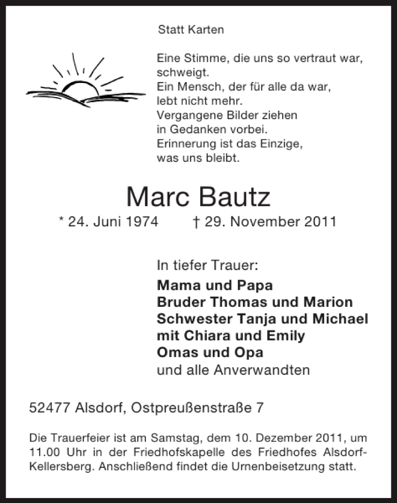  Traueranzeige für Marc Bautz vom 07.12.2011 aus Super Sonntag / Super Mittwoch