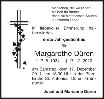 Traueranzeige von Margarethe Düren von Super Sonntag / Super Mittwoch