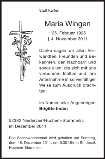 Traueranzeige von Maria Wingen von Super Sonntag / Super Mittwoch