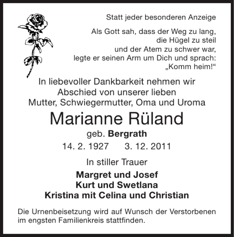  Traueranzeige für Marianne Rüland vom 11.12.2011 aus Super Sonntag / Super Mittwoch