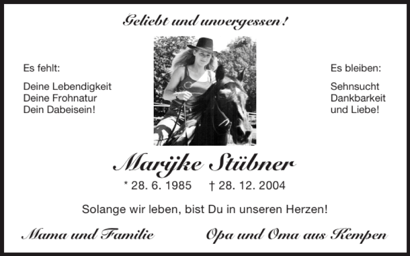  Traueranzeige für Marijke Stübner vom 25.12.2011 aus Super Sonntag / Super Mittwoch
