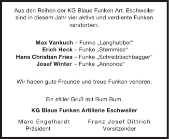 Traueranzeige von Reihen der KG Blaue Funken Eschweiler  von Aachener Zeitung / Aachener Nachrichten