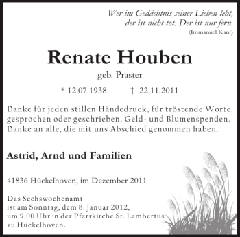Traueranzeige von Renate Houben von Aachener Zeitung / Aachener Nachrichten