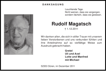 Traueranzeige von Rudolf Magatsch von Super Sonntag / Super Mittwoch
