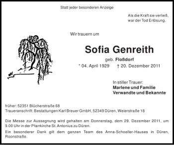 Traueranzeige von Sofia Genreith von Super Sonntag / Super Mittwoch