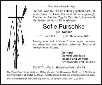 Traueranzeige von Sofie Purschke von Super Sonntag / Super Mittwoch