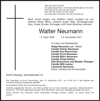 Traueranzeige von Walter Neumann von Super Sonntag / Super Mittwoch