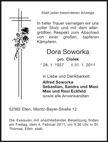 Traueranzeige von Dora Soworka von Aachener Zeitung / Aachener Nachrichten