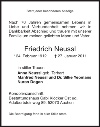 Traueranzeige von Friedrich Neussl von Super Sonntag / Super Mittwoch
