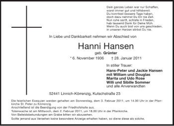 Traueranzeige von Hanni Hansen von Aachener Zeitung / Aachener Nachrichten