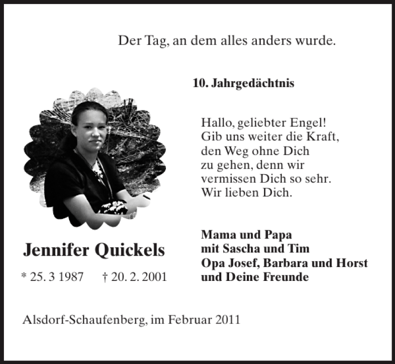  Traueranzeige für Jennifer Quickels vom 20.02.2011 aus Super Sonntag / Super Mittwoch