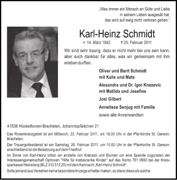 Traueranzeige von Karl-Heinz Schmidt von Aachener Zeitung / Aachener Nachrichten
