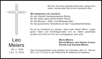 Traueranzeige von Leo Meiers von Aachener Zeitung / Aachener Nachrichten