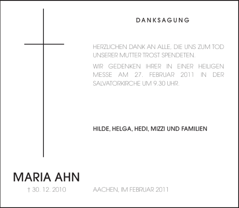  Traueranzeige für Maria Ahn vom 19.02.2011 aus Aachener Zeitung / Aachener Nachrichten