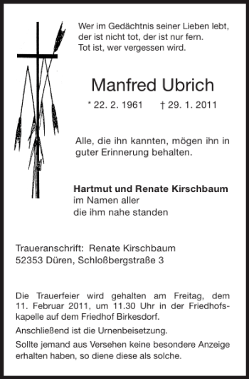 Traueranzeige von Manfred Ubrich von Super Sonntag / Super Mittwoch